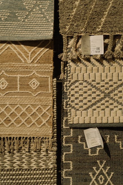 Close-up view of several rolled and unfolded carpets displayed in a showroom on Sidcup High Street, showing various textures and patterns including geometric and braided designs. The carpets are made of different materials such as wool and synthetic fibers, with some featuring fringed edges. The surface appears clean and well-arranged under neutral ambient lighting. The display is part of the flooring section at Carpet Cleaning Sidcup, highlighting their expertise in surface cleaning and deep cleaning of domestic and commercial carpets. Small labels are attached to some rugs, indicating specifications or pricing, and the setting suggests a professional retail environment focused on quality carpet and rug solutions.
