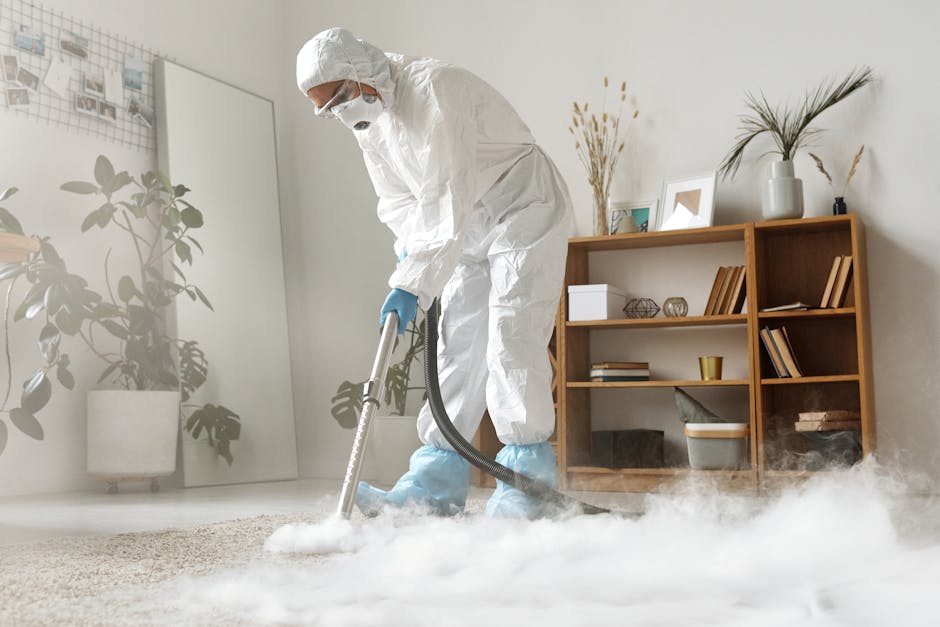 A professional cleaner from Carpet Cleaning Sidcup is performing surface deep cleaning in a residential living room, using protective gear including a white full-body suit, gloves, and a mask. The cleaner is operating a steam cleaning machine, which emits steam onto a light-colored carpet, indicating a sanitation process. The room features a wooden bookshelf with decorative items and books, a potted plant, and framed decorations on the white walls, all illuminated by natural lighting. The carpet appears to be in a clean and tidy state, with visible steam suggesting an active cleaning session aimed at maintaining hygiene and deep-cleaning the flooring surface in a domestic setting.