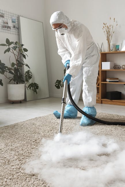 A professional in full protective gear, including a white coverall suit, face mask, gloves, and shoe covers, is performing deep cleaning on a beige, textured carpet in a modern living room. The cleaner is using a black and silver carpet deep cleaning machine that emits steam or cleaning solution onto the surface, suggesting sanitisation and thorough surface cleaning. The room features natural light, with a tall potted plant, a large mirror, and a wooden shelving unit with decorative items and storage boxes in the background. The clean and organized space illustrates effective domestic cleaning practices by Carpet Cleaning Sidcup, emphasizing hygiene and maintenance of residential flooring surfaces.